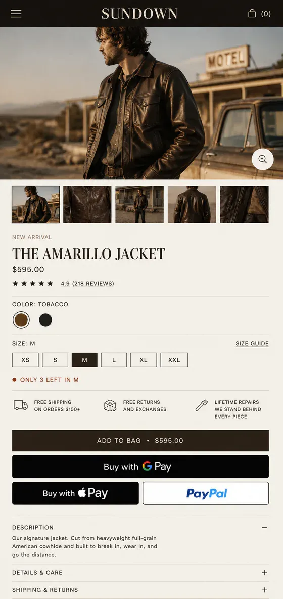 Sundown storefront mobile product screen